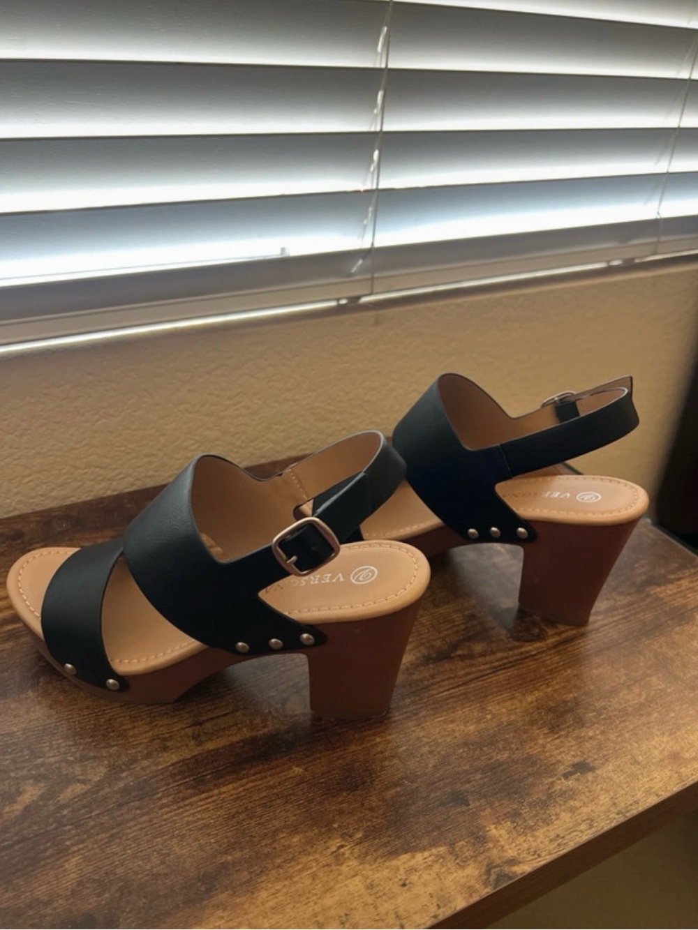 Versona Black Strap Wood-Look Block Heel Mules